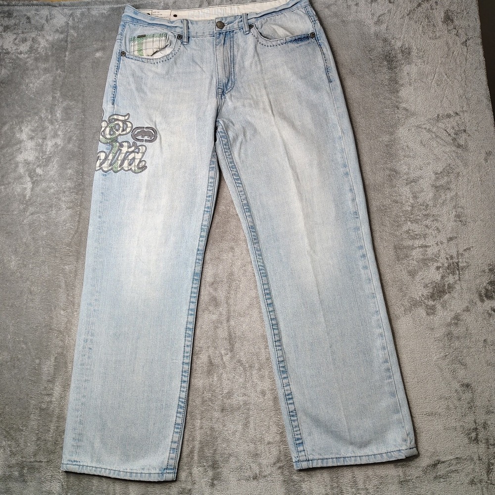 Ecko Unltd Jeans Mens 34x32 Blue Baggy Loose Fit Y2K Skater Embroidered Wide Leg - Picture 2 of 16